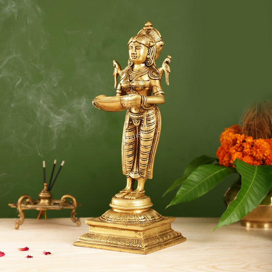 Brass Deep Lakshmi Statue with Diyas | Handcrafted Lady Statue 14"