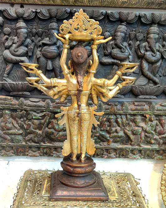 Brass Deep Lakshmi with Ten Hands - 27 inches, Dual Tone Brown and Gold.