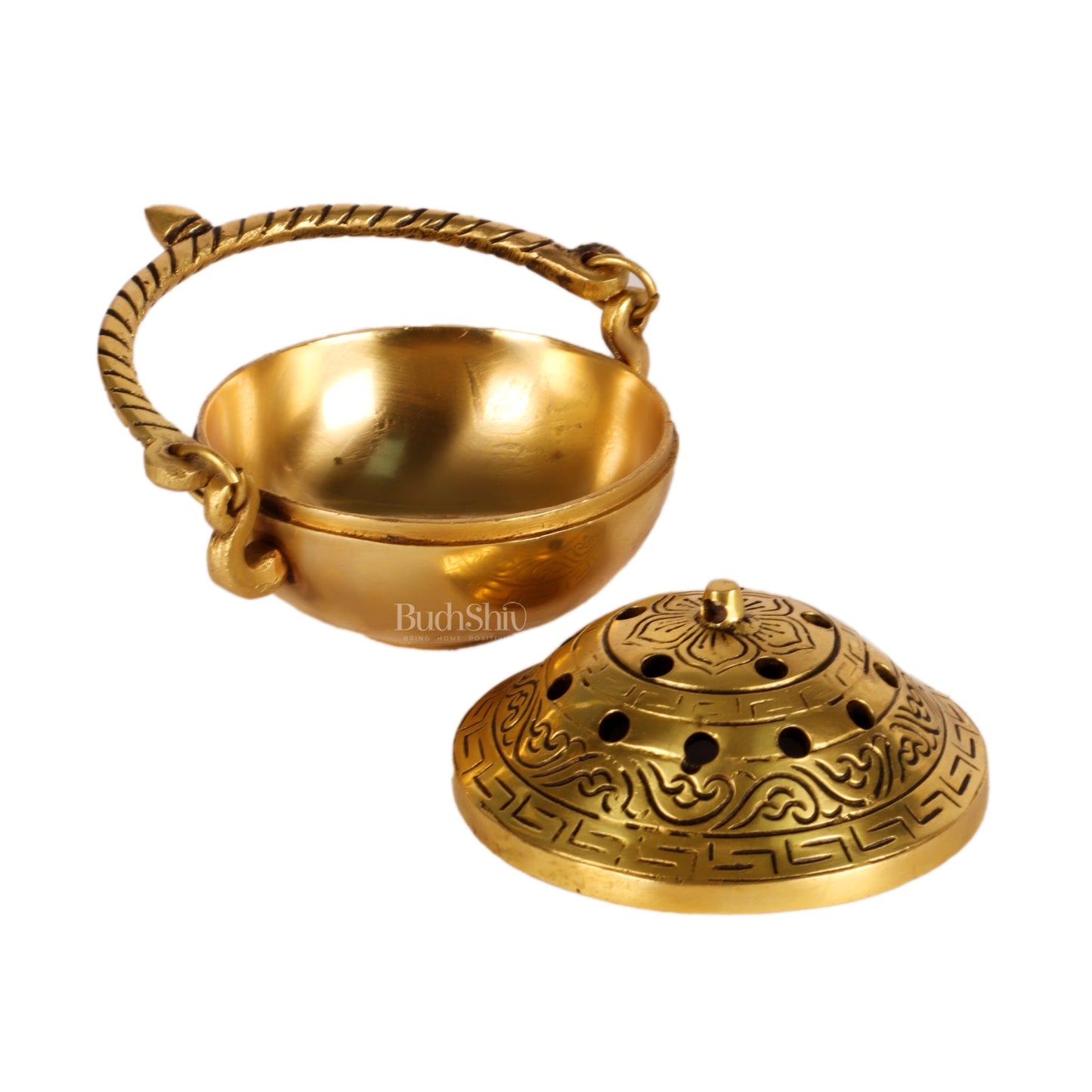 Brass Dhoop Burner with Handle and Lid - 5 inches | Traditional Incense Holder for Sacred Rituals.