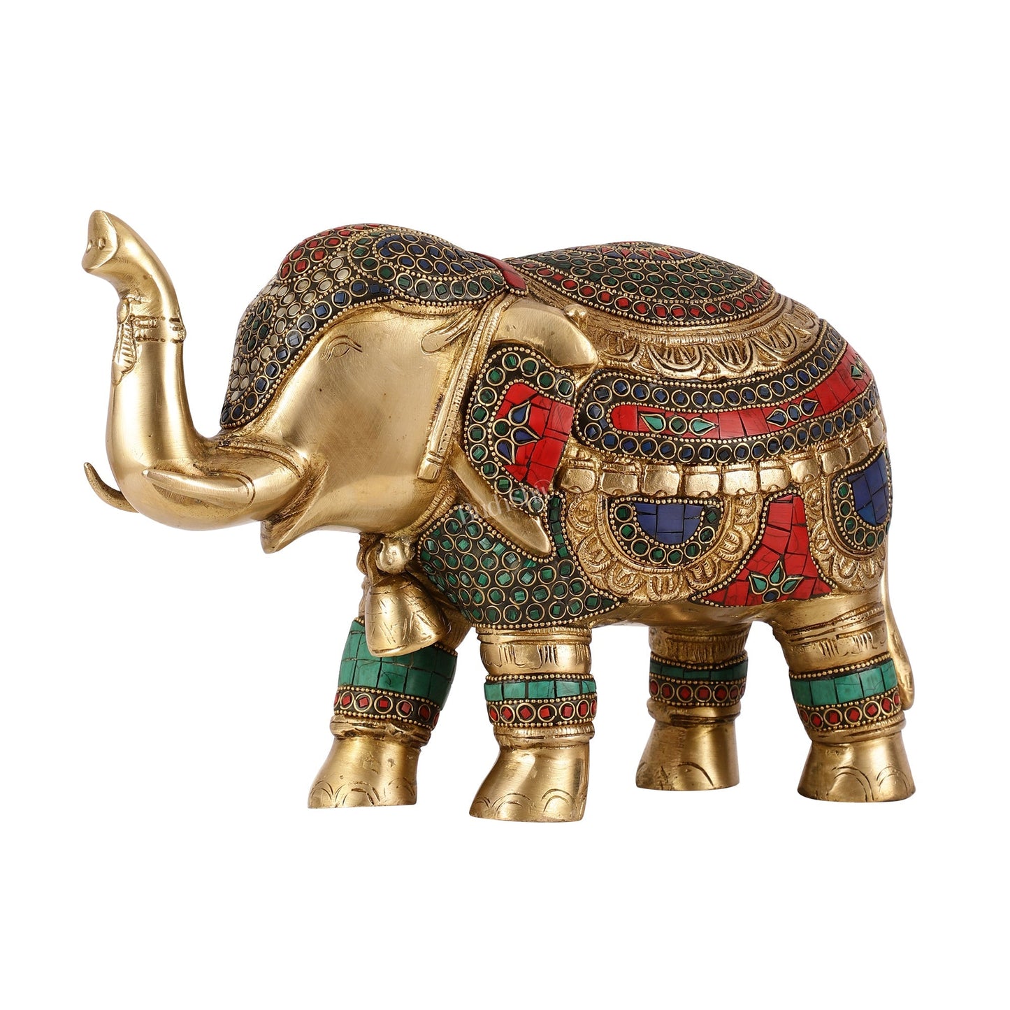 Brass Elephant Statue with Stonework Showpiece - 12 Inch wide