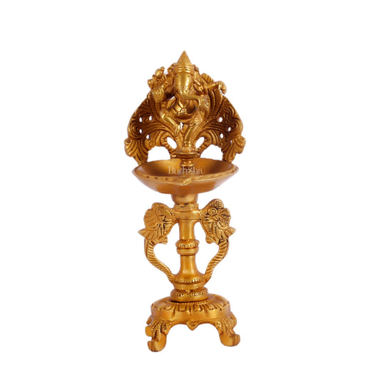 Brass engraved Dancing Ganesha diya with a stand peacock and floral design 9 inch