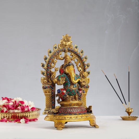 Brass Ganapathi Statue with Mouse 12 inch with stonework