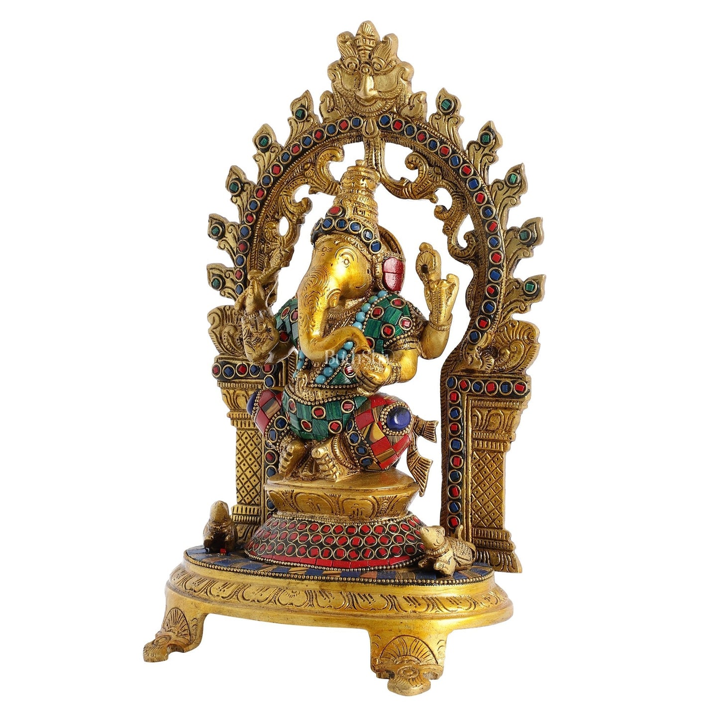 Brass Ganapathi Statue with Mouse 12 inch with stonework