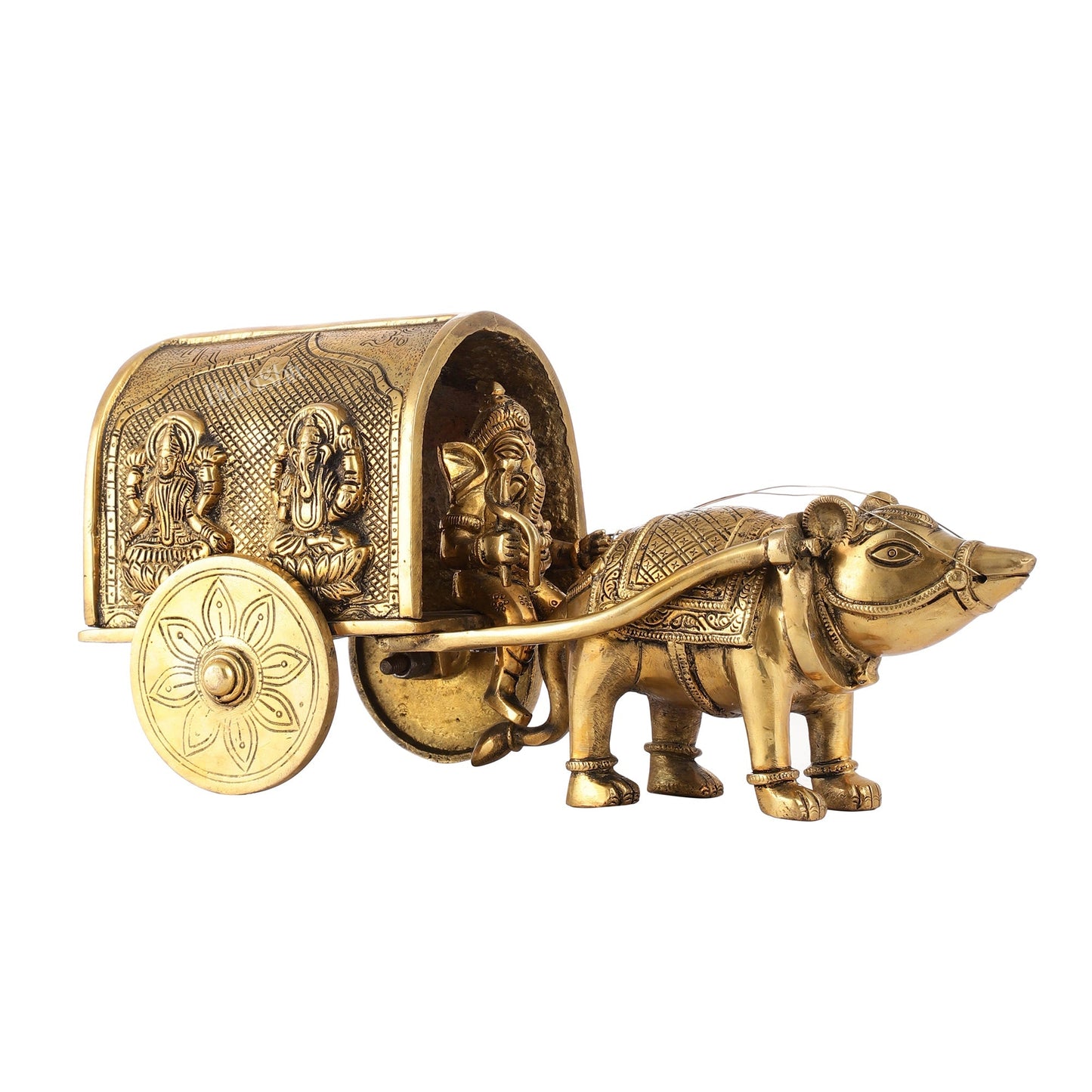 Brass Ganapati on Mooshak Rath idol with Modak Bowl | Engraved Cart with Ganesha and Lakshmi | length 13 inch