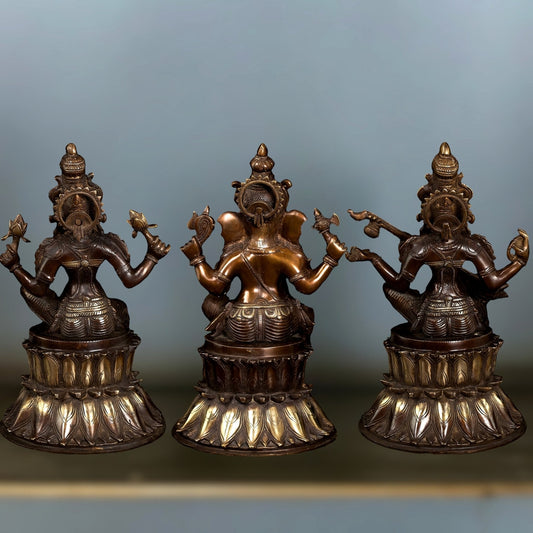 Brass Ganesh Lakshmi Saraswati set statues 15" large