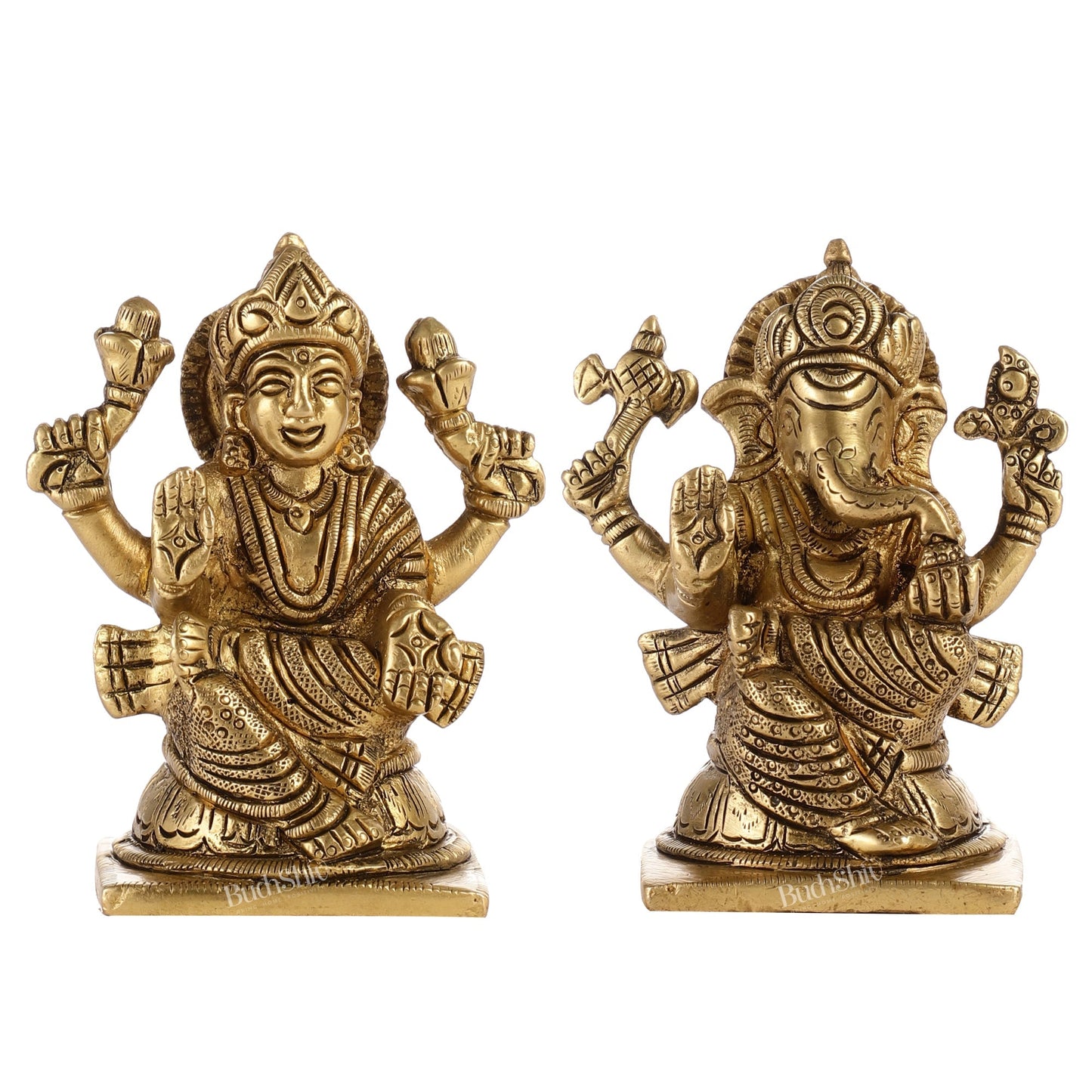 Brass Ganesha and Lakshmi Idols Pair | Height 4 inch