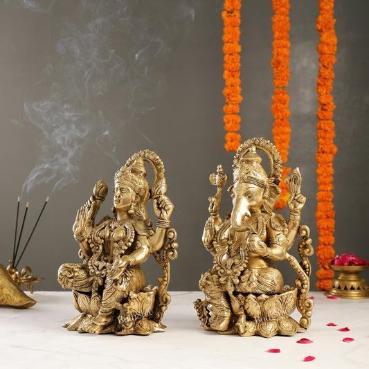 Brass Ganesha and Lakshmi Pair on Lotus | 12" Height | Divine Harmony