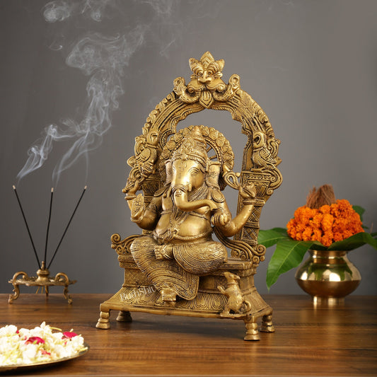 Brass Ganesha Charbhuja Statue - Seated on Throne, 18" antique