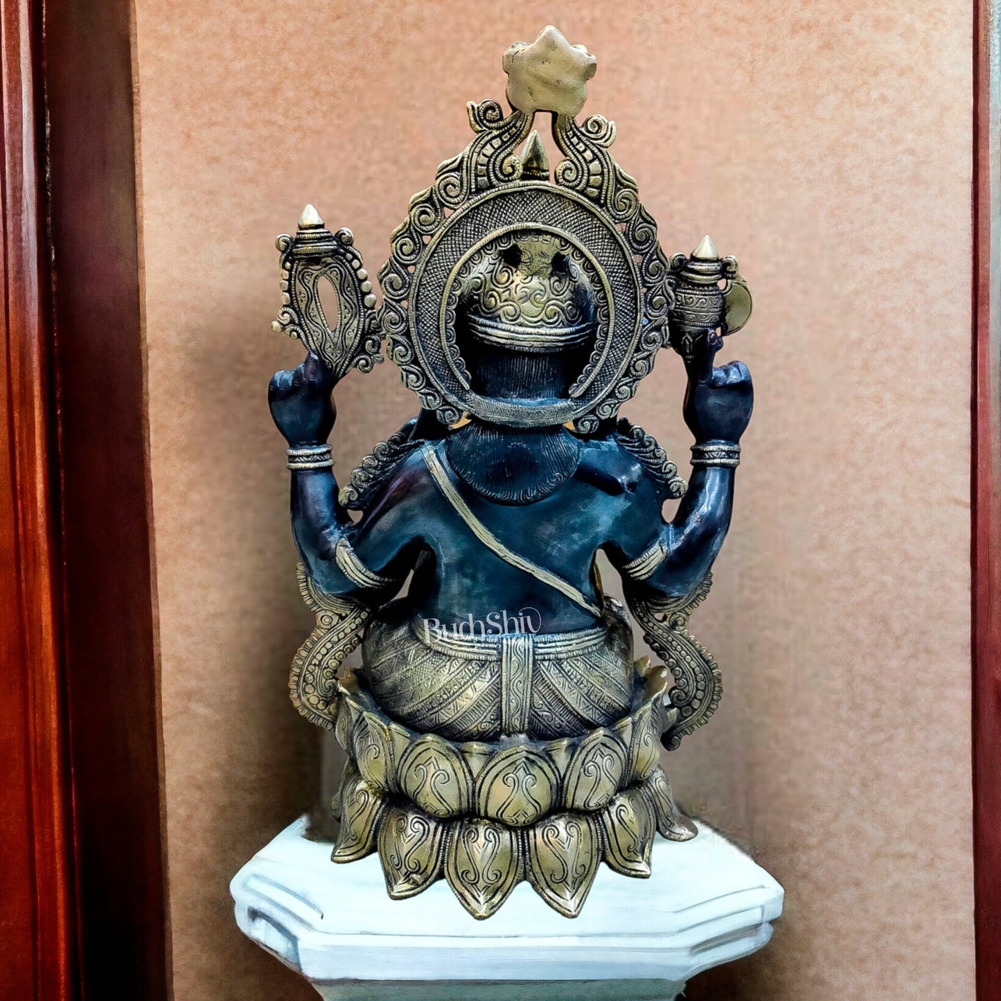Brass Ganesha Idol on Lotus Pedestal with Mouse - Handcrafted 21-inch Tall