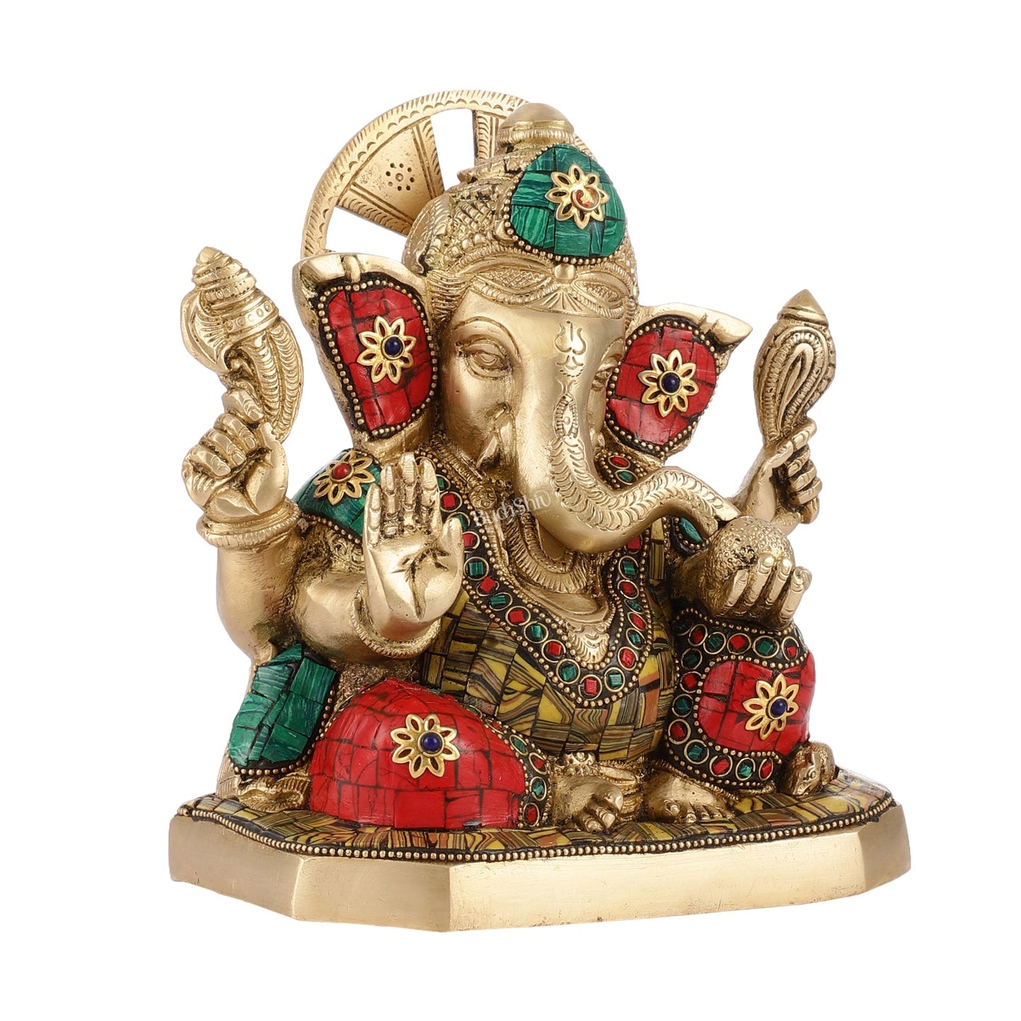 Brass Ganesha Idol with Stonework | Height 8 inch