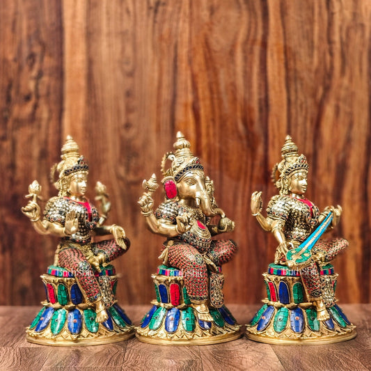 Brass Ganesha Lakshmi Saraswati Idols - Handcrafted with Stonework - 15"