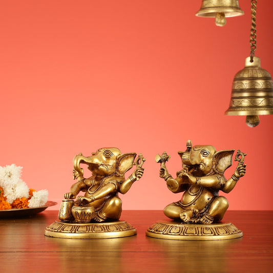 Brass Ganesha Music Set Idols - 5 Inch