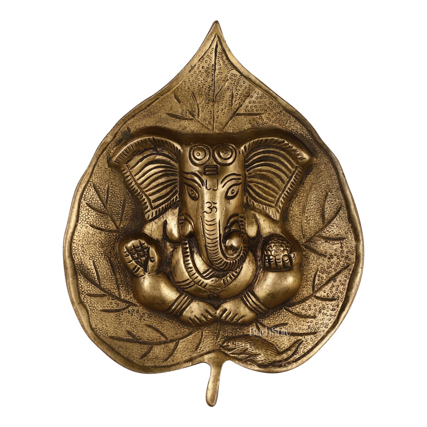 Brass Ganesha on Leaf Wall Hanging - 7 inch