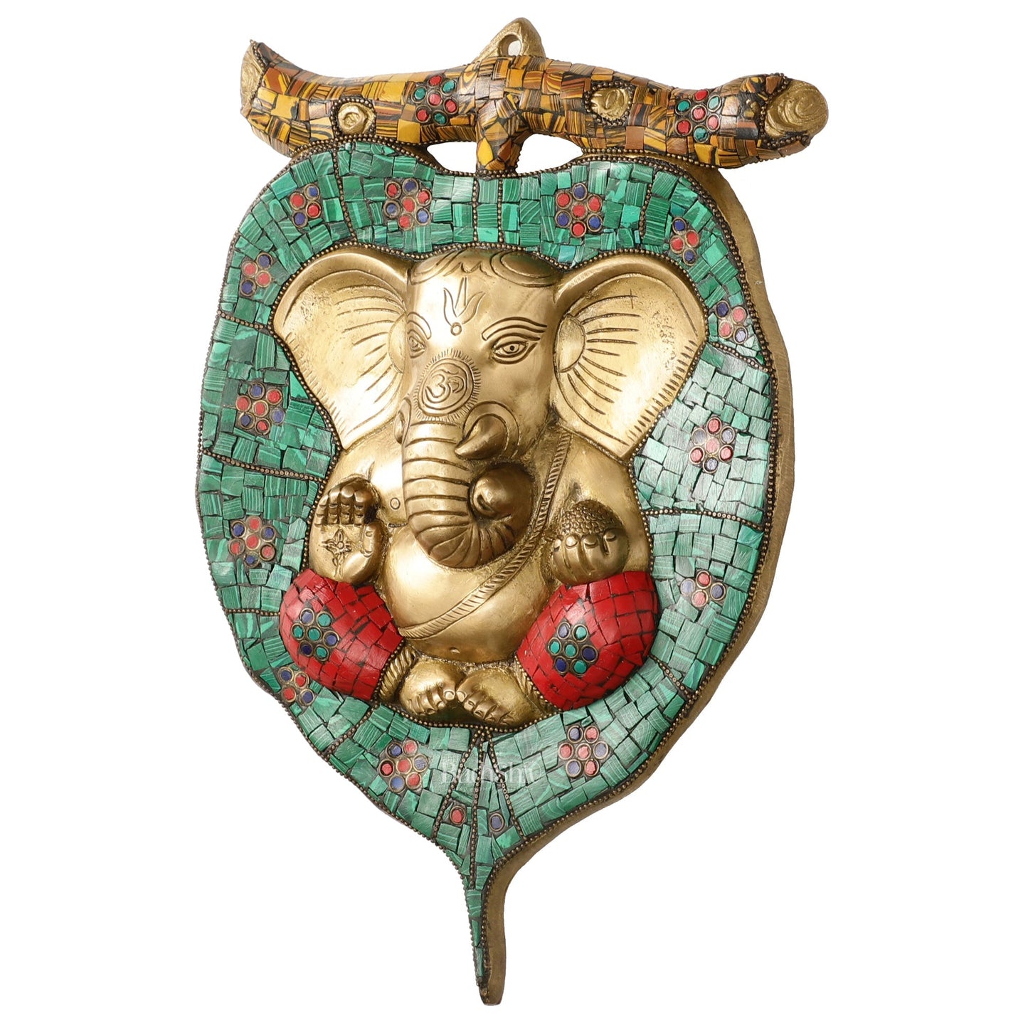 Brass Ganesha on Leaf Wall Hanging with Stonework - 13 x 9 inch