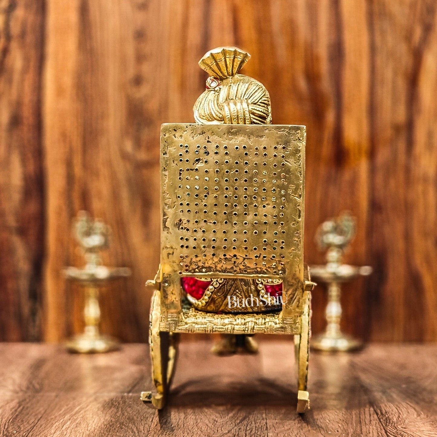 Brass reading Ganesha on Rock on Chair 17"