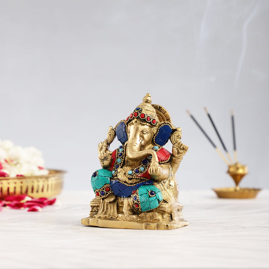 Brass Ganesha Statue with Stonework - 5.5 inch Perfect Gift"