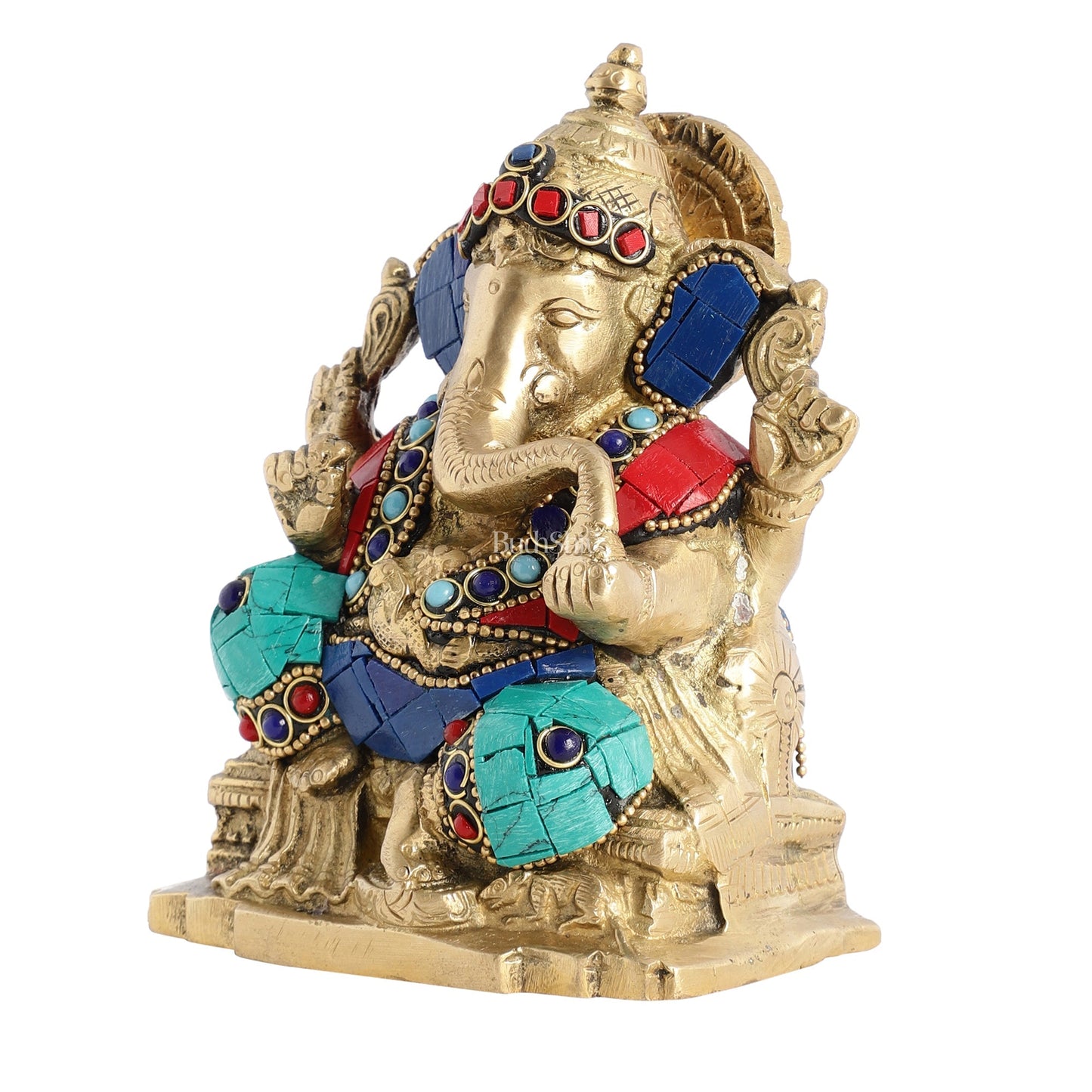 Brass Ganesha Statue with Stonework - 5.5 inch Perfect Gift"