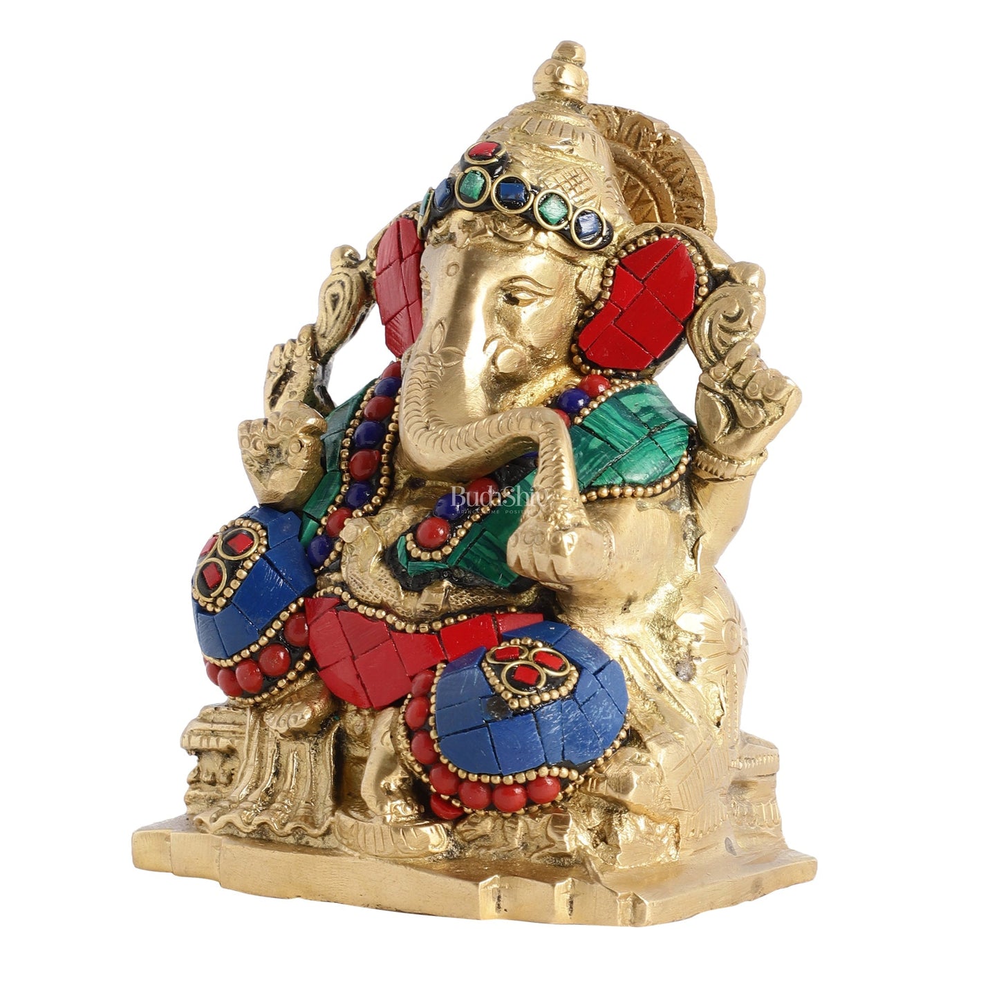 Brass Ganesha Statue with Stonework - 5.5 inch Perfect Gift"