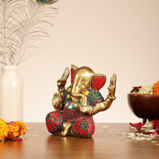 Brass Ganesha statue with tilted head 7 inch