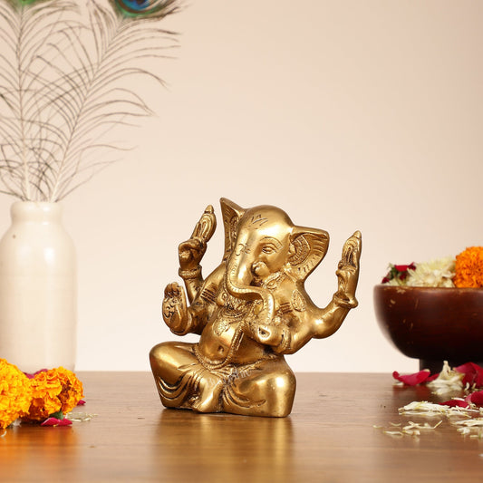 Brass Ganesha statue with tilted head 7 inch