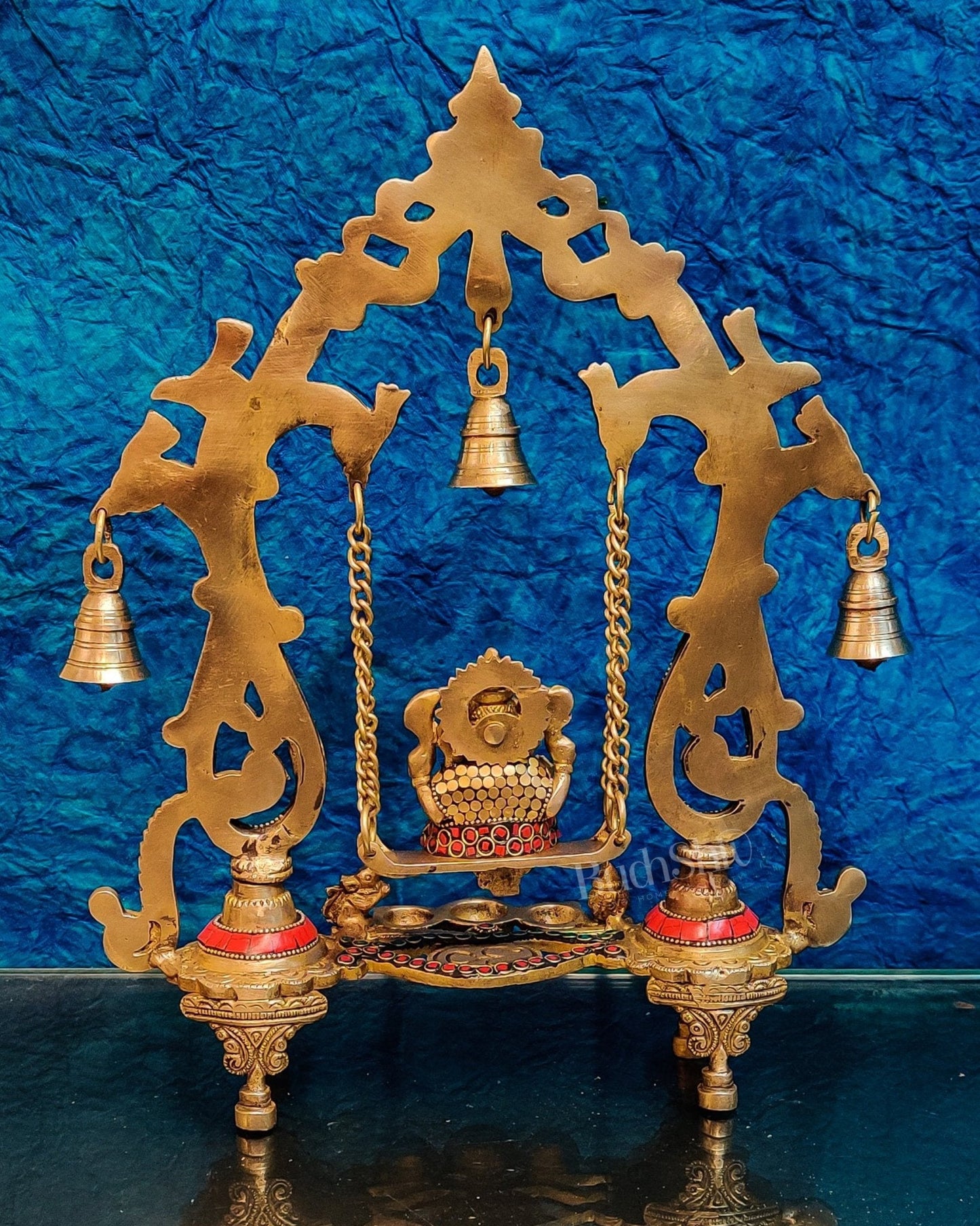 Brass Ganesha Swing with Three Diyas - Handcrafted Beauty