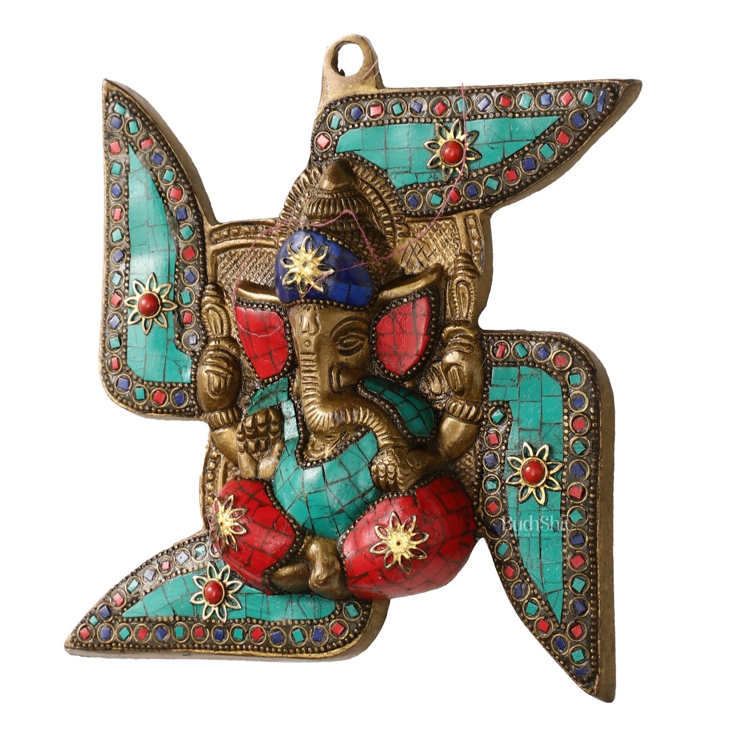 Brass Ganesha Wall Hanging on Swastik - 7 x 7 inch