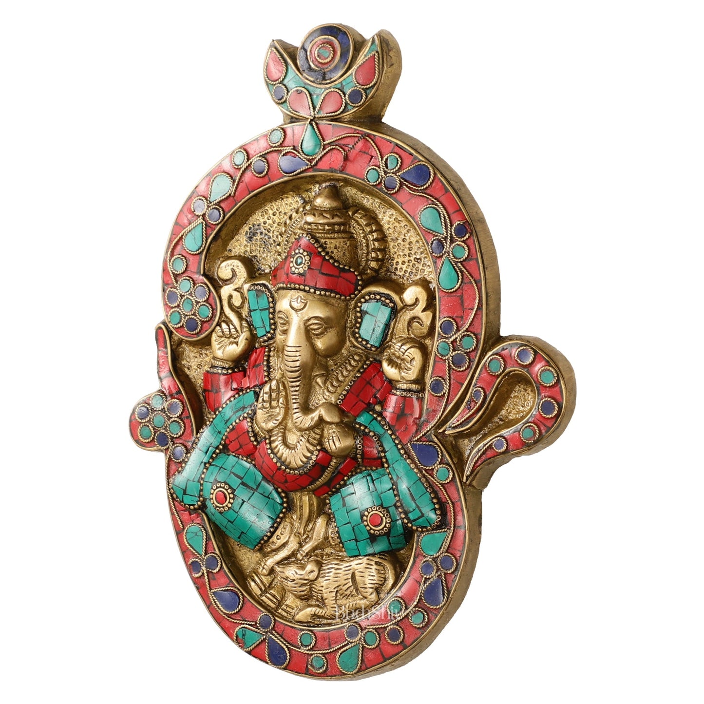 Brass Ganesha Wall Hanging with Stonework - 9 x 6.5 inch