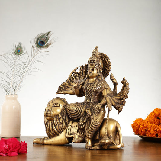 Brass Goddess Durga with Eighteen Arms with sitting Lion Idol - 12 Inch