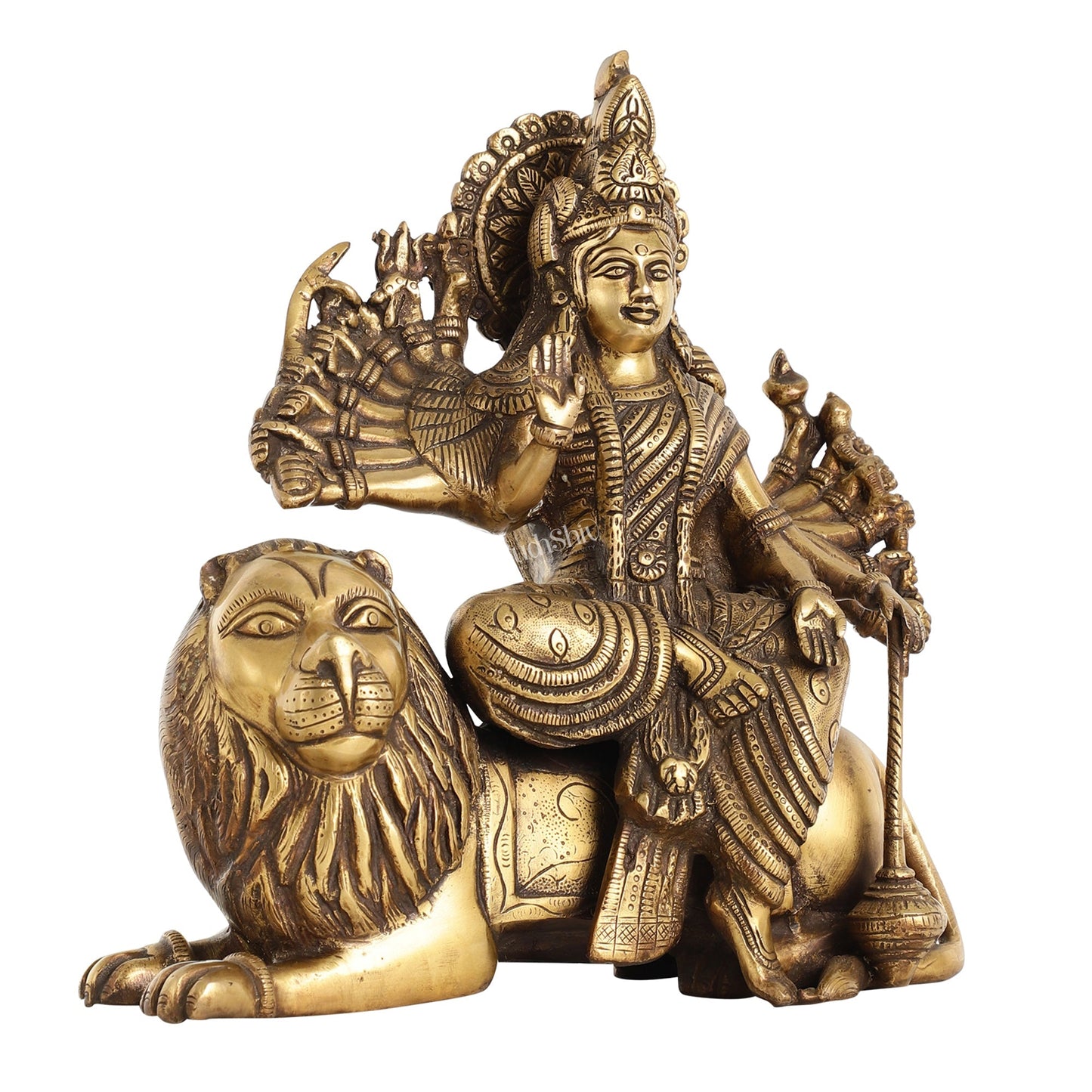 Brass Goddess Durga with Eighteen Arms with sitting Lion Idol - 12 Inch