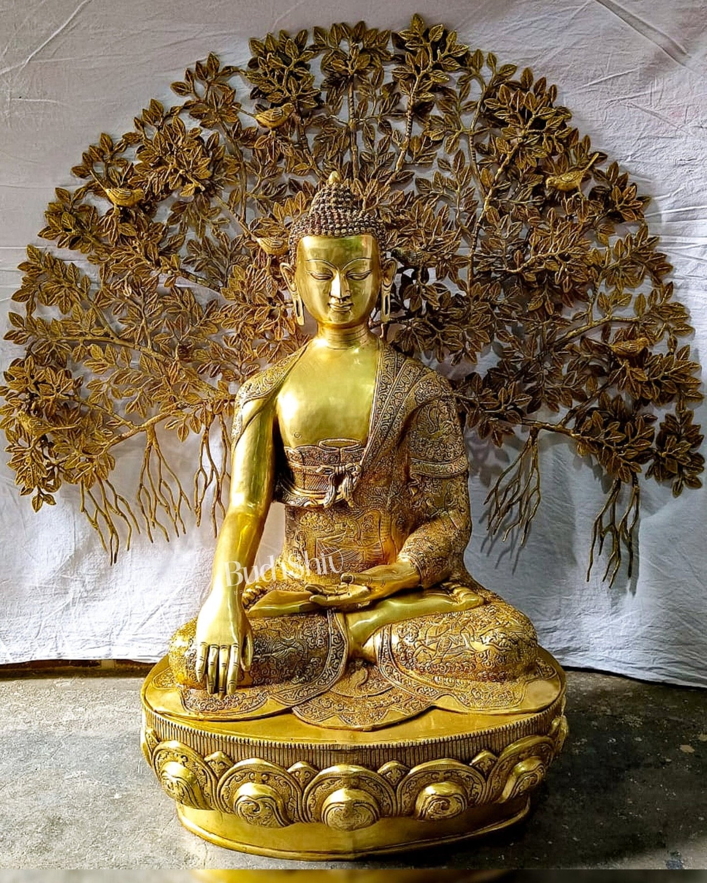 Brass Handcrafted Buddha Statue - Abhaya Mudra with Intricate Brass Kalpavriksha 43"