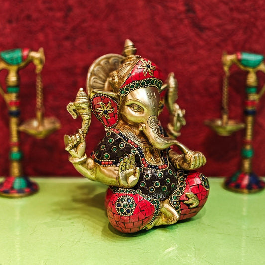 Brass Handcrafted Ganapati Idol with Natural Stones and Pure Brass Rings 8"