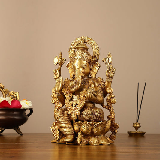 Brass Handcrafted Ganesha idol with trunk on right side 12 inch