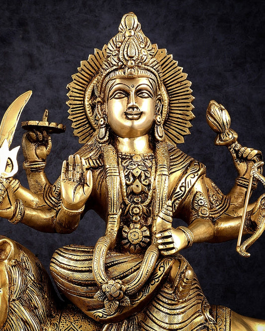 Brass Handcrafted Goddess Durga Statue – 17 Inches, Intricate Sherawali Mata Murti