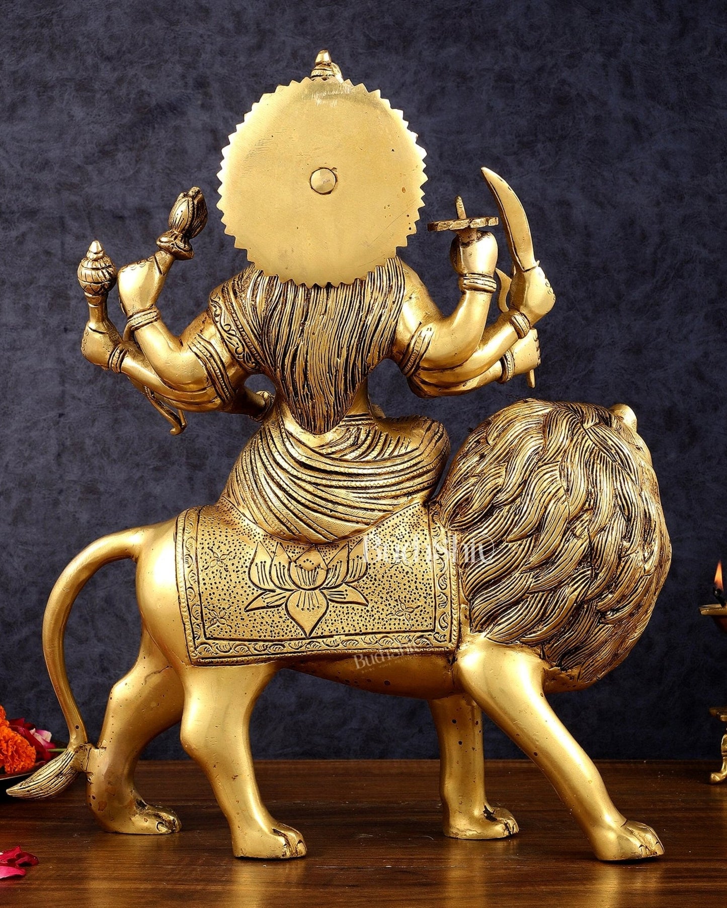 Brass Handcrafted Goddess Durga Statue – 17 Inches, Intricate Sherawali Mata Murti