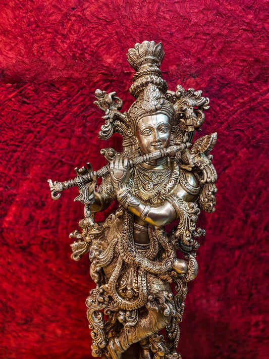 Brass Handcrafted Krishna Playing the Flute - Divine Melodic Splendor Glossy Gold 29"