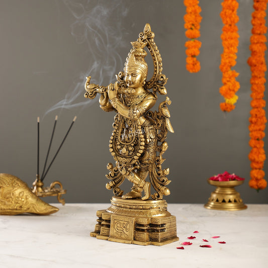 Brass Handcrafted Lord Krishna Idol - Unique Divine Sculpture | 15 inches