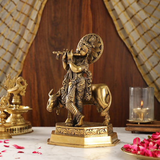 Brass Handcrafted Lord Krishna Playing Flute with Cow | 11.5" Height
