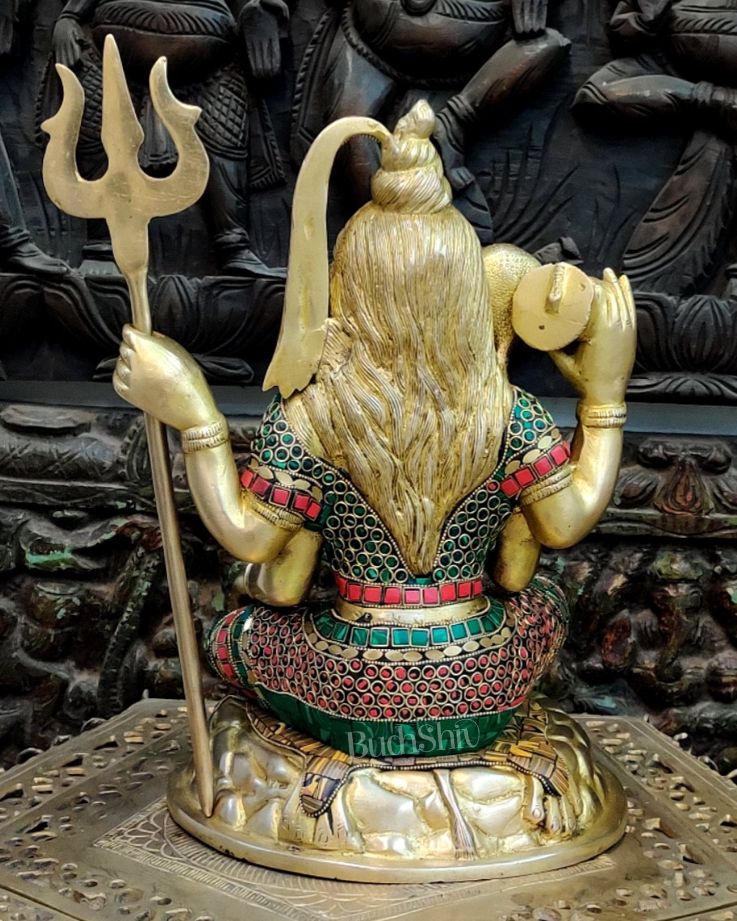 Brass Handcrafted Shiva Chaturbhuja Statue | Natural Stones | 13"