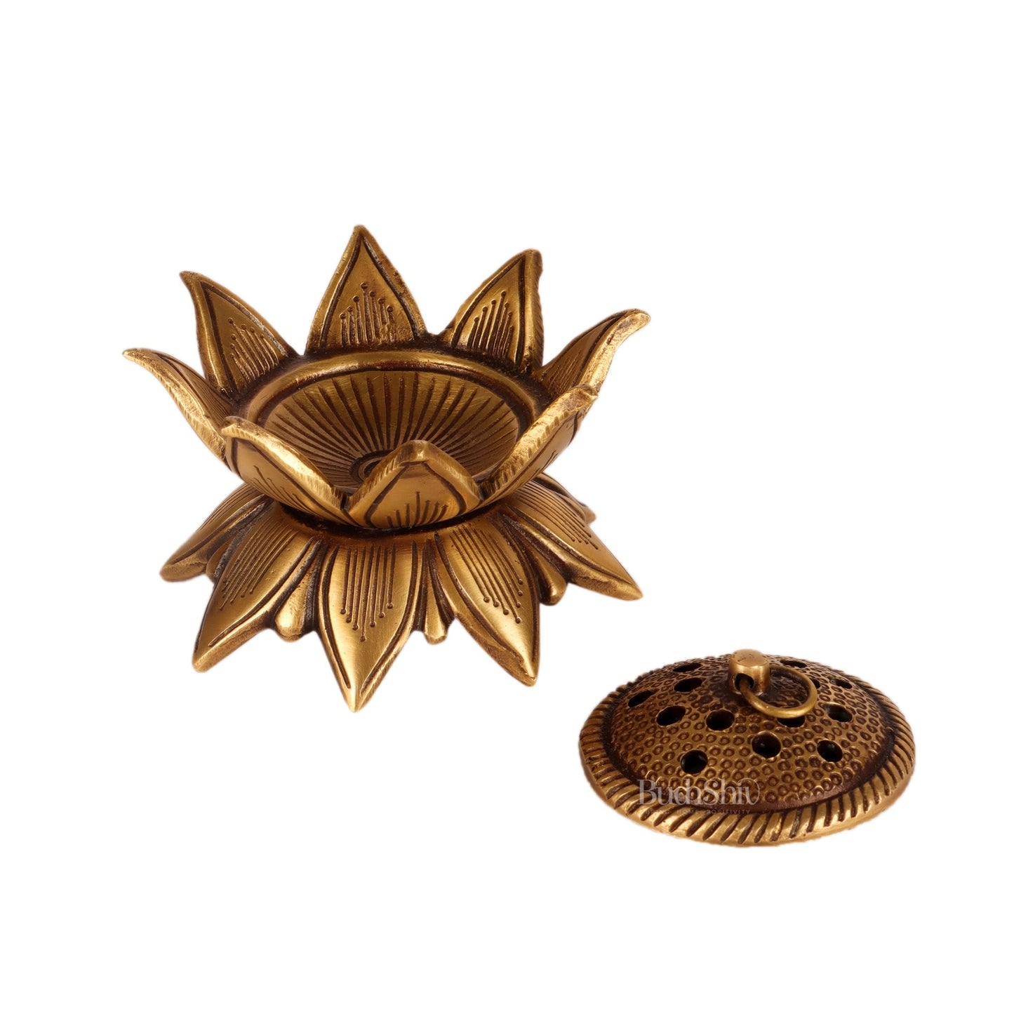 Brass Handmade Lotus Design Lobaandaani | Dhoop Burner and Incense Charcoal Burner with Lid 4"