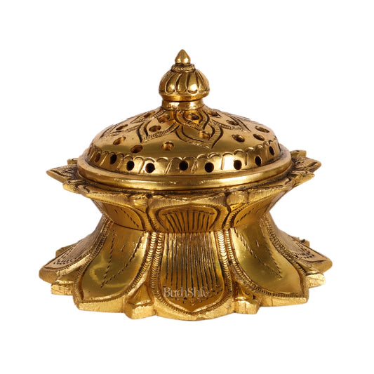 Brass Handmade Lotus Design Lobaandaani | Dhoop Burner and Incense Charcoal Burner with Lid | Height 3.5 inches, Width 4 inches, Depth 4 inches