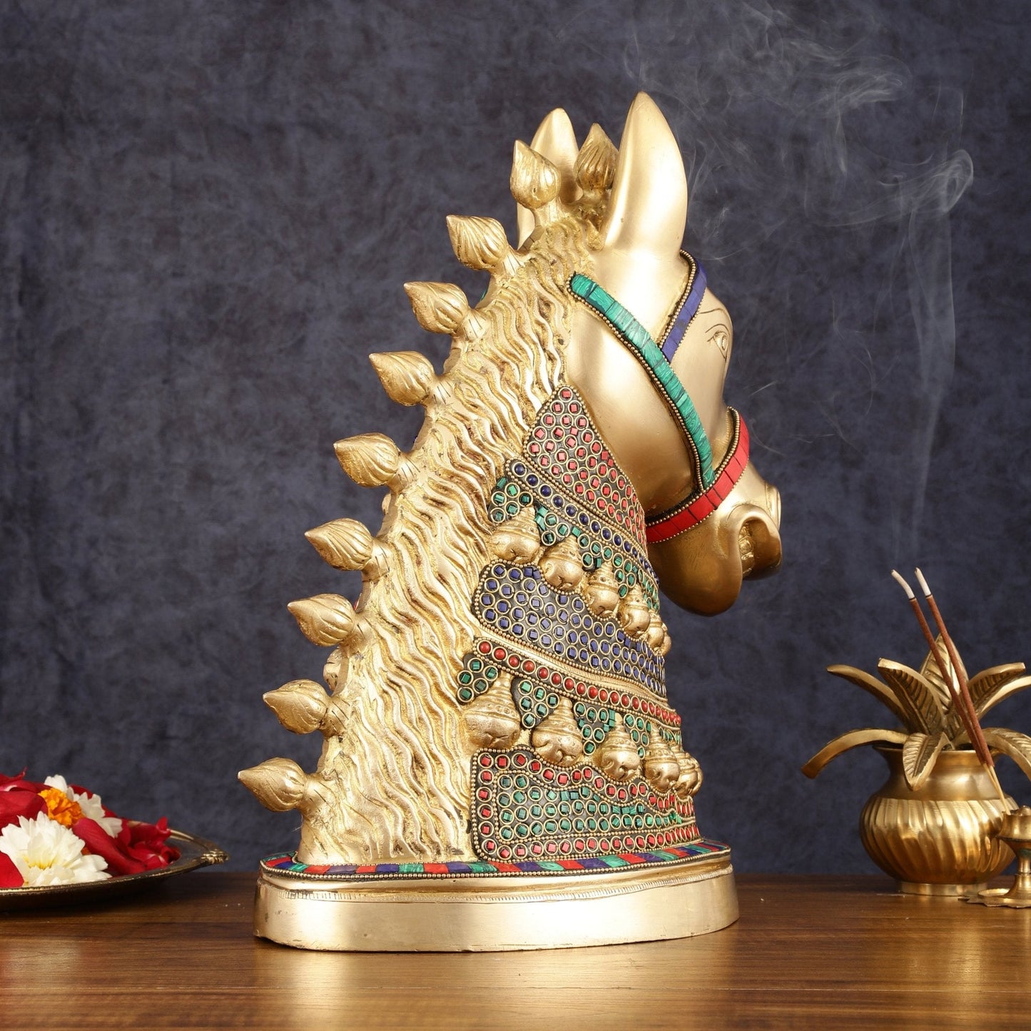 Brass Horse Head Sculpture with Meenakari - 14.5" | Exquisite Artistry