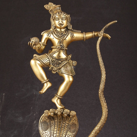 Brass Kalinga Krishna on Kaliya Naag Statue - 18" Height