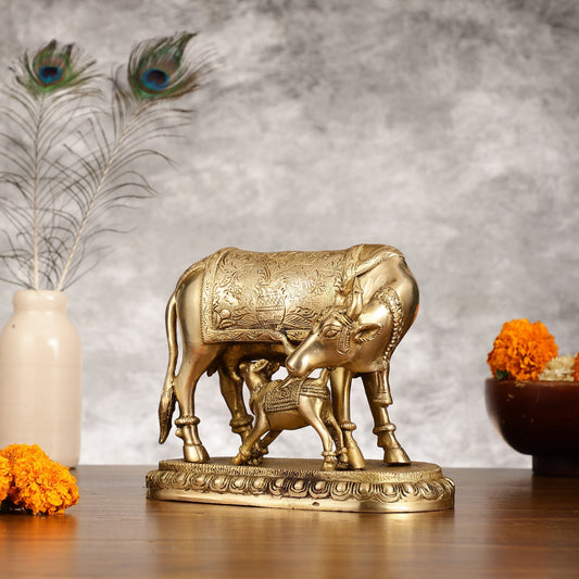 Brass Kamadhenu Cow with Calf Idol - 8 Inch