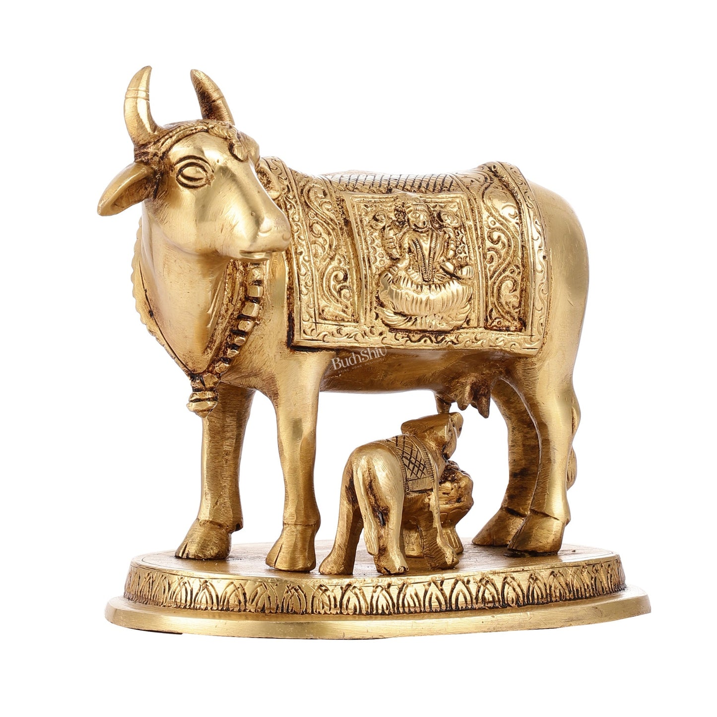 Brass Kamdhenu Cow with Calf Idol - 5 inch