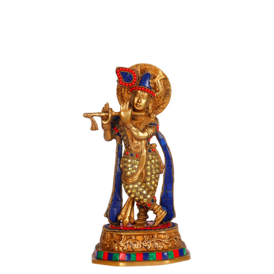 Brass Krishna Idol with Meenakari Artwork | Height 10 Inch