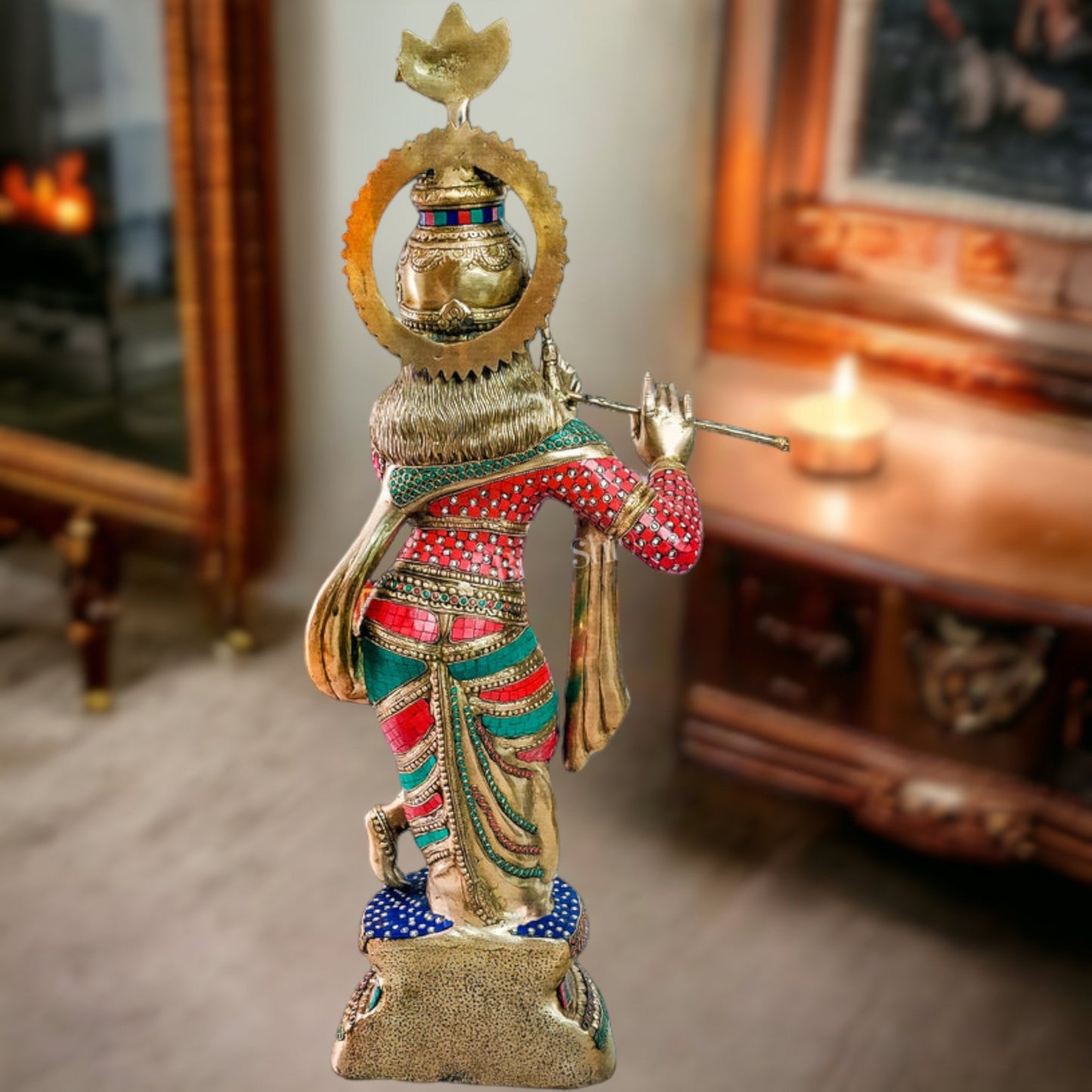 Brass Krishna Statue 3 feet with stonework
