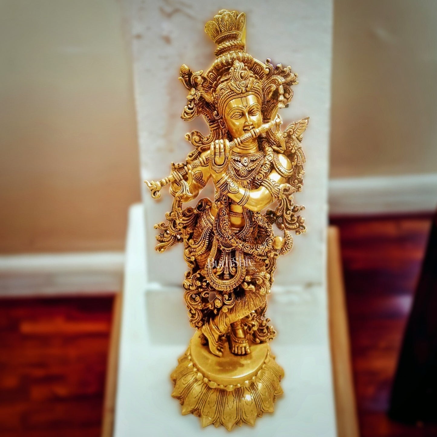 Brass Krishna Statue with Lotus Base | 27 Inches