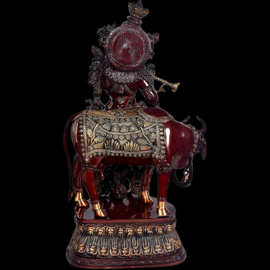 Brass Krishna With Cow 28"