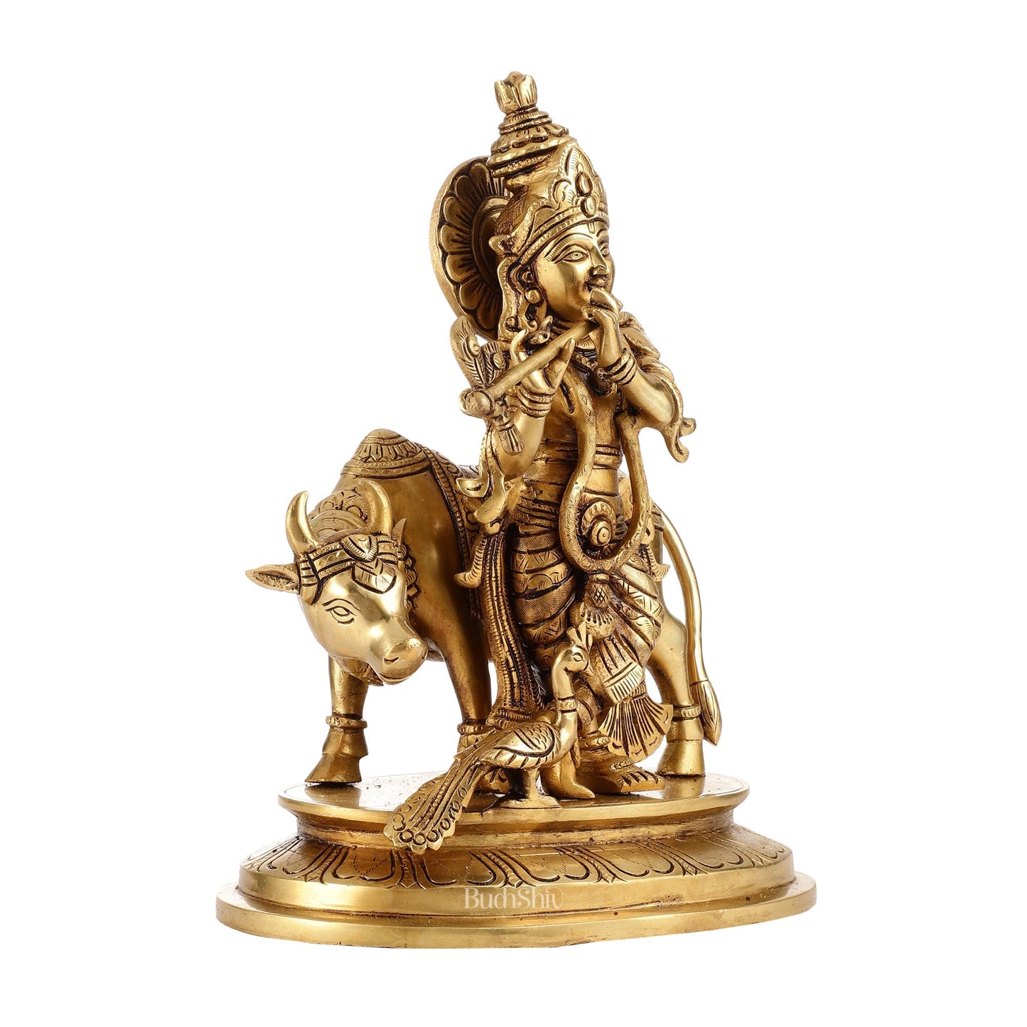 Brass Krishna with Cow and peacock idol 13"