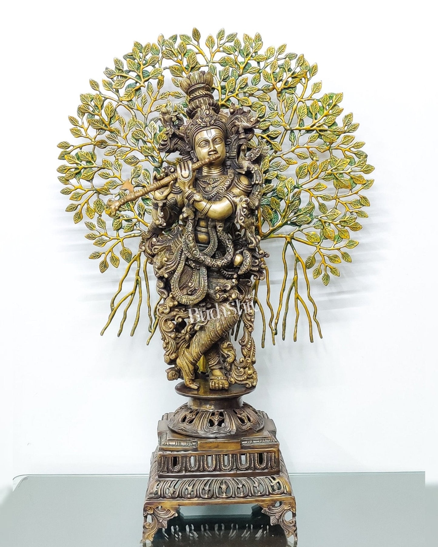 Krishna Muralidhari Brass Idol with Kalpavriksha - 35" Antique Finish
